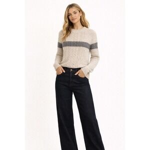 SWTR Cable Knit 3D Fisherman Sweater Ivory Grey Stripe Merino Cashmere XS‎